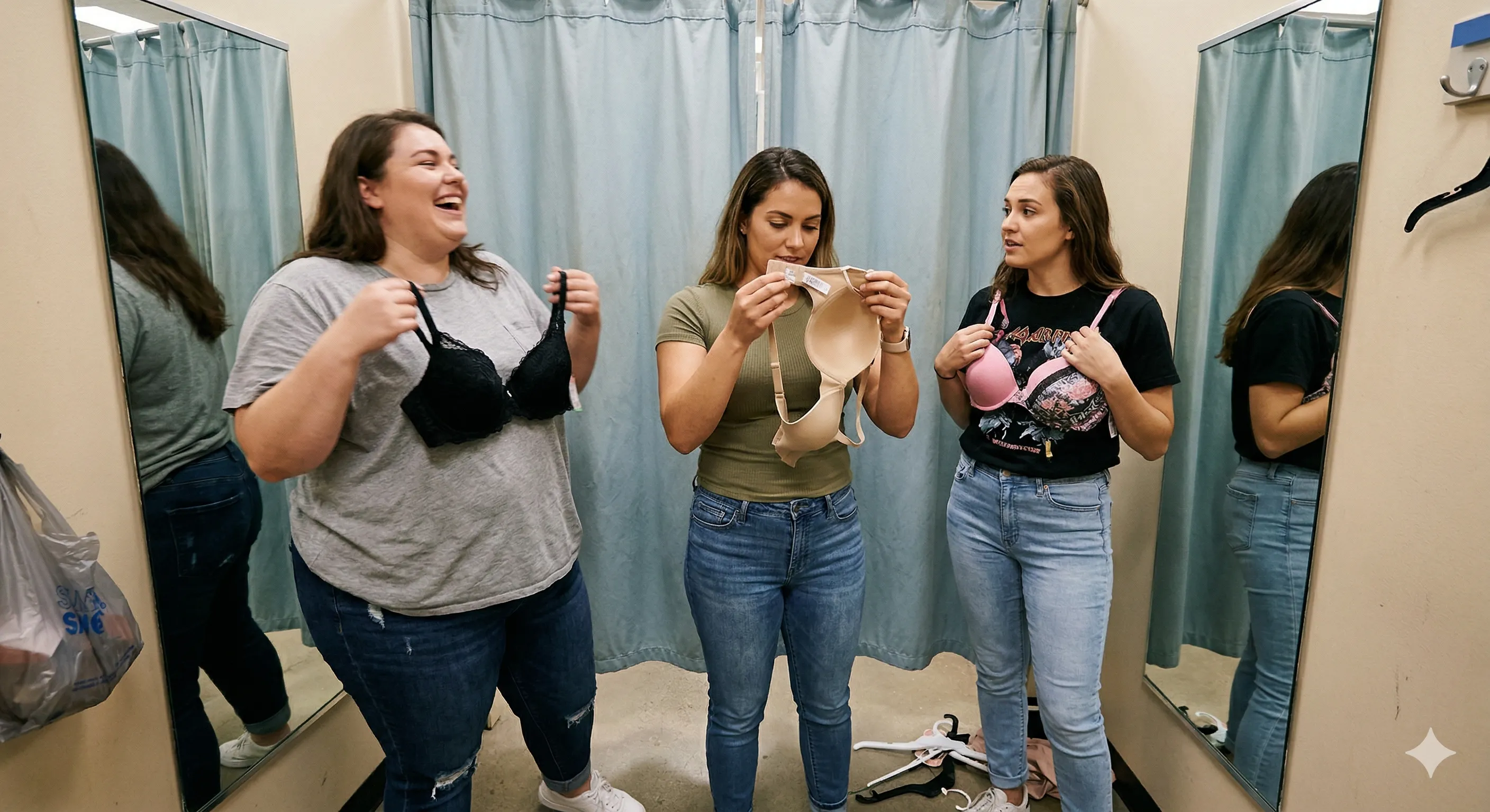Three women comparing bra sizes in a fitting room — the real experience Cup Size Guide was built for
